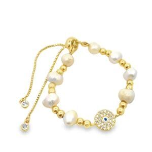 Evil Eye Protection Bracelet Round Freshwater Pearl with Adjustable Beaded